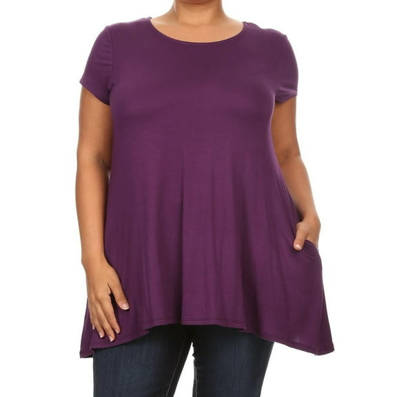 MOA COLLECTION Women's Plus Size Solid Casual Loose Fit Pocket Tunic Top Mini Dress/Made in USA