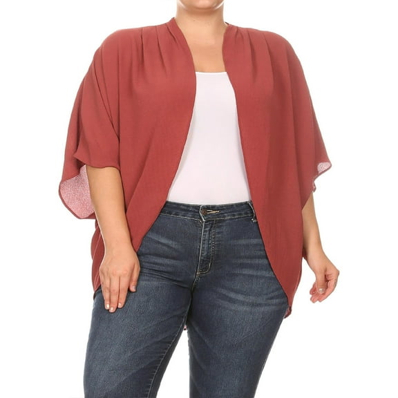 MOA COLLECTION Women's Plus Size Solid Dolman Sleeve Draped Open Front Chiffon Cardigan
