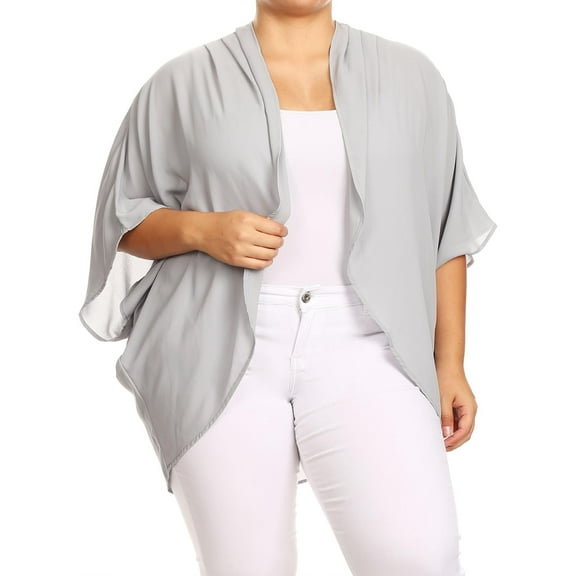 MOA COLLECTION Women's Plus Size Solid Dolman Sleeve Draped Open Front Chiffon Cardigan