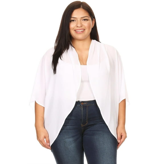 MOA COLLECTION Women's Plus Size Solid Dolman Sleeve Draped Open Front Chiffon Cardigan