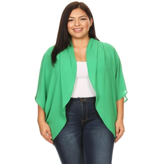 MOA COLLECTION Women's Plus Size Solid Dolman Sleeve Draped Open Front Chiffon Cardigan