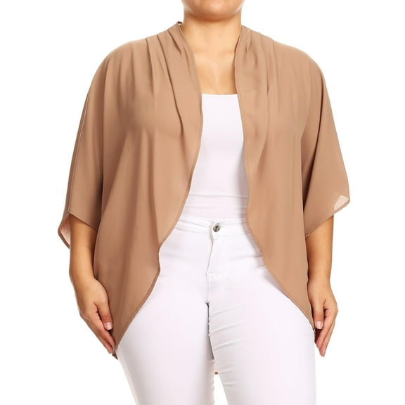 MOA COLLECTION Women's Plus Size Solid Dolman Sleeve Draped Open Front Chiffon Cardigan
