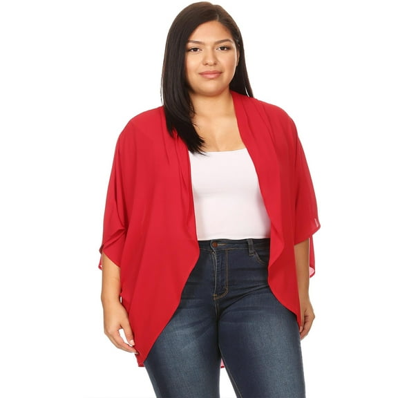 MOA COLLECTION Women's Plus Size Solid Dolman Sleeve Draped Open Front Chiffon Cardigan