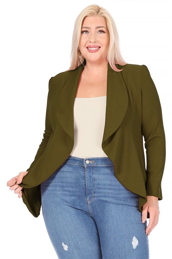 Women's Plus Size Solid Long Sleeve Waist Length Open Front Office Blazer Jacket