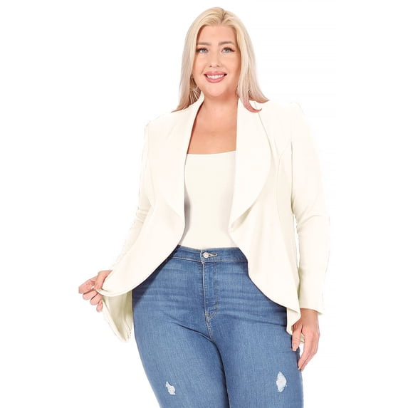 Women's Plus Size Solid Long Sleeve Waist Length Open Front Office Blazer Jacket