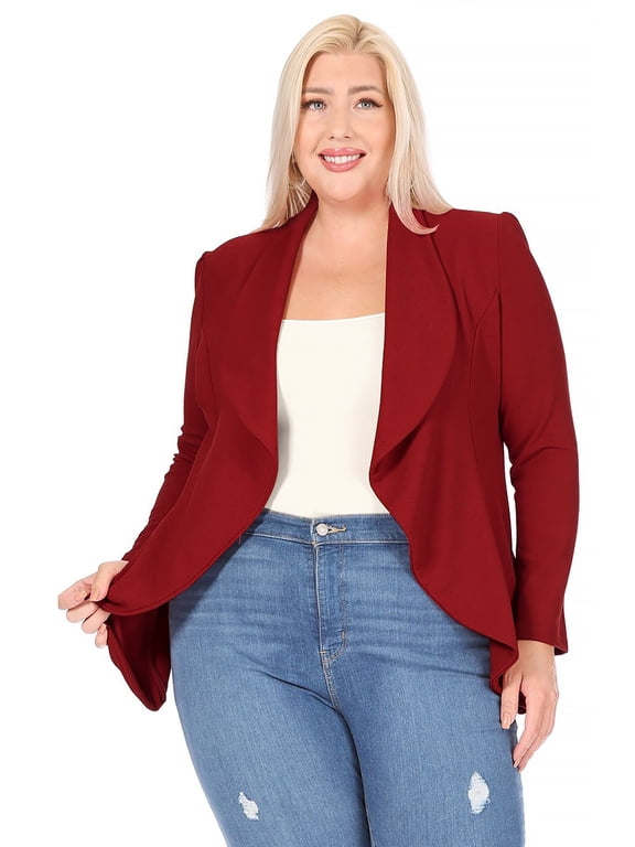 Women's Plus Size Solid Long Sleeve Waist Length Open Front Office Blazer Jacket