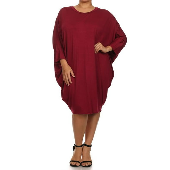 MOA COLLECTION Women's Plus Size Solid Loose Fit 3/4 Dolman Sleeve Casual Midi Dress
