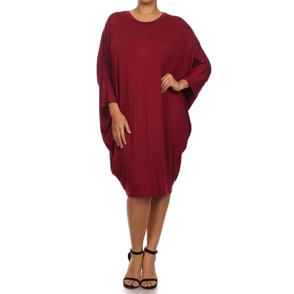 MOA COLLECTION Women's Plus Size Solid Loose Fit 3/4 Dolman Sleeve Casual Midi Dress