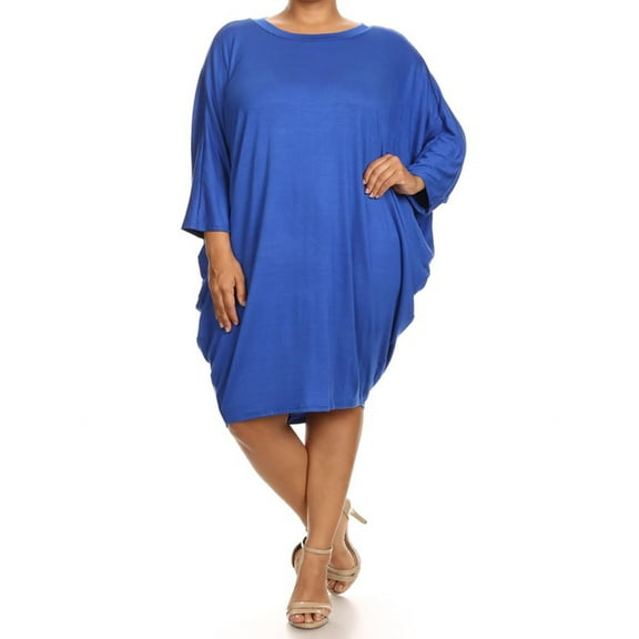 MOA COLLECTION Women's Plus Size Solid Loose Fit 3/4 Dolman Sleeve Casual Midi Dress