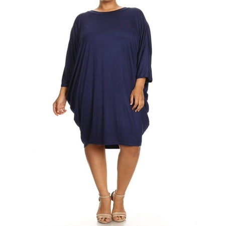 MOA COLLECTION Women's Plus Size Solid Loose Fit 3/4 Dolman Sleeve Casual Midi Dress