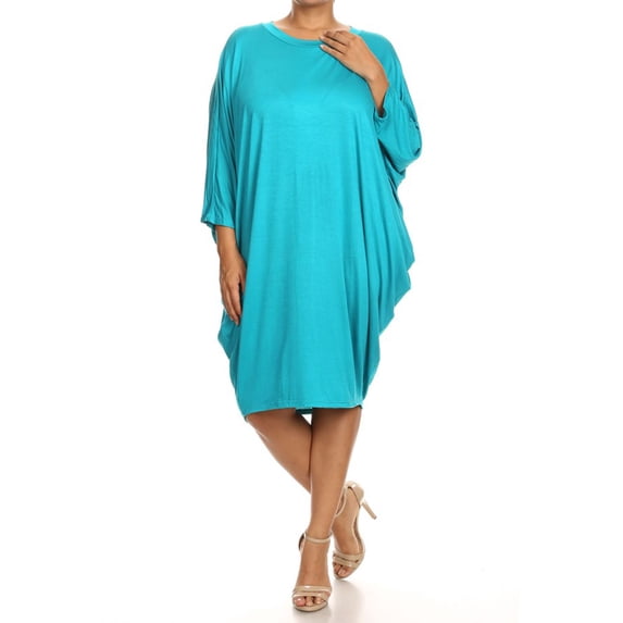 Women's Plus Size Solid Loose Fit 3/4 Dolman Sleeve Casual Midi Dress