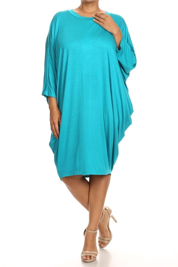 Women's Plus Size Solid Loose Fit 3/4 Dolman Sleeve Casual Midi Dress