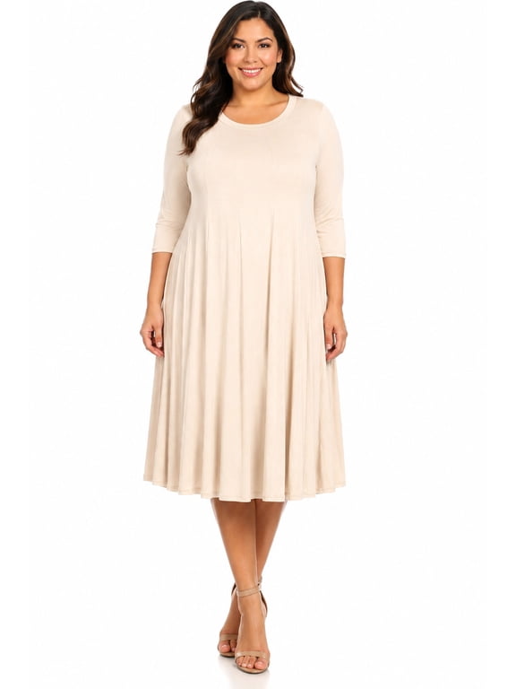 Women's Plus size Jersey Knit A-Line Dress 3/4 Sleeve Casual Midi Dress