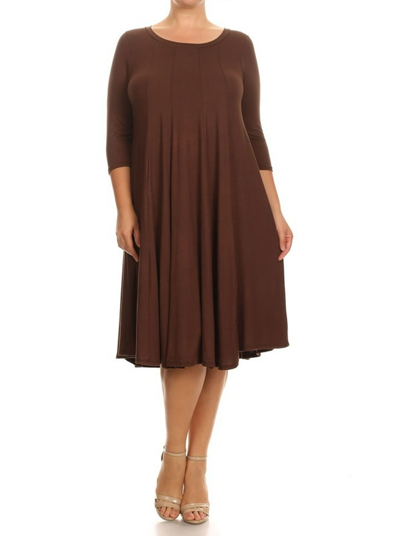FashionJOA Women's Casual Solid & Print Plus Size 3/4 Sleeve A-line Midi Dress/Made in USA, Size: 2XL, Brown
