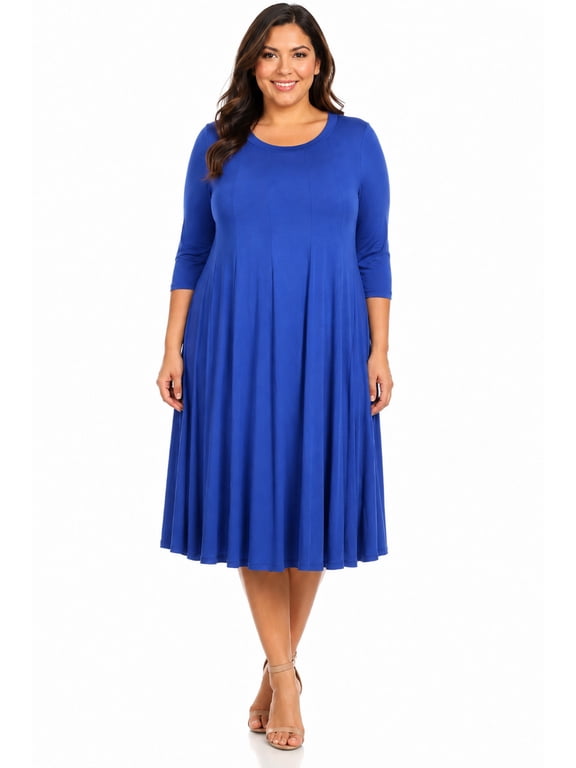 Women's Plus size Jersey Knit A-Line Dress 3/4 Sleeve Casual Midi Dress