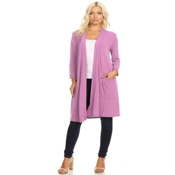 MOA COLLECTION Women's Solid Casual Basic Comfy Office Loose Fit Pockets Knee Length Sweater Cardigan