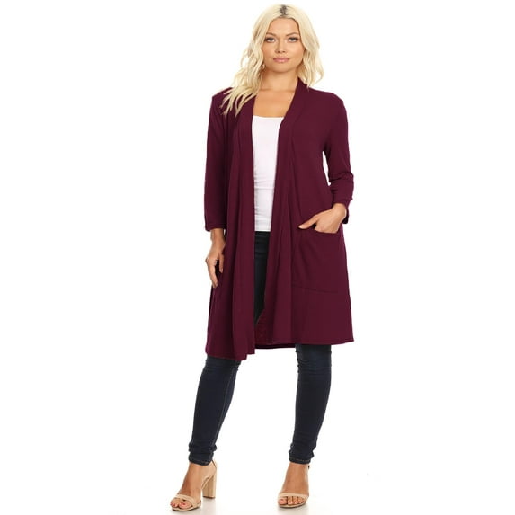 MOA COLLECTION Women's Solid Casual Basic Comfy Office Loose Fit Pockets Knee Length Sweater Cardigan