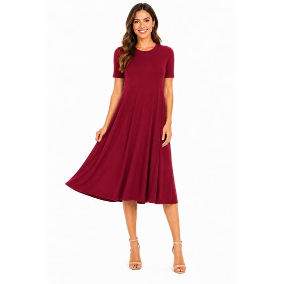 Women's Solid Casual Comfy Short Sleeve Jersey Knit A-Line Midi Dress