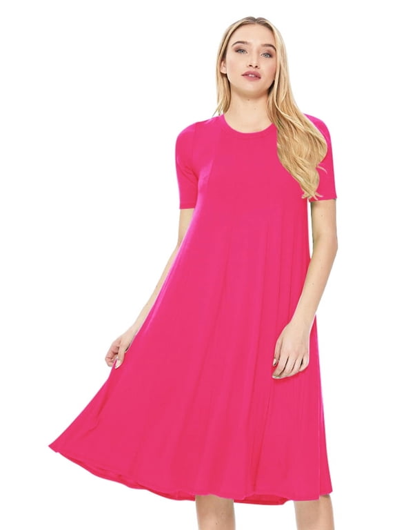 Women's Solid Casual Comfy Short Sleeve Jersey Knit A-Line Midi Dress