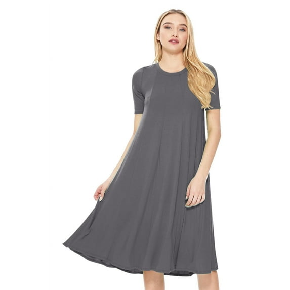 MOA COLLECTION Women's Solid Casual Comfy Short Sleeve Jersey Knit A-Line Midi Dress