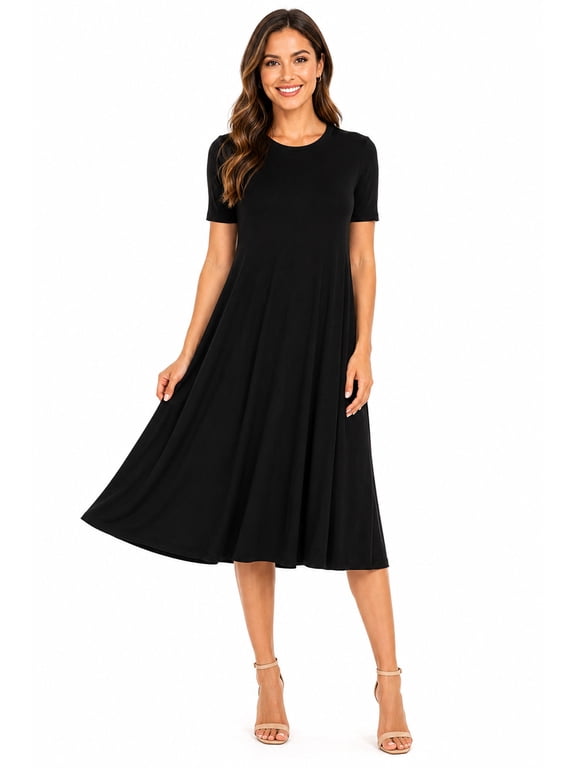 Women's Solid Casual Comfy Short Sleeve Jersey Knit A-Line Midi Dress