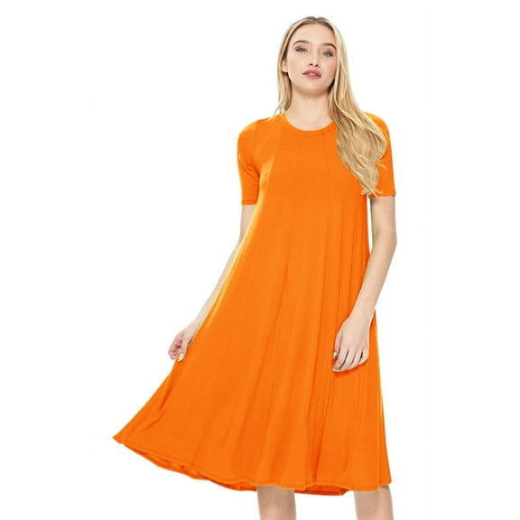 MOA COLLECTION Women's Solid Casual Comfy Short Sleeve Jersey Knit A-Line Midi Dress