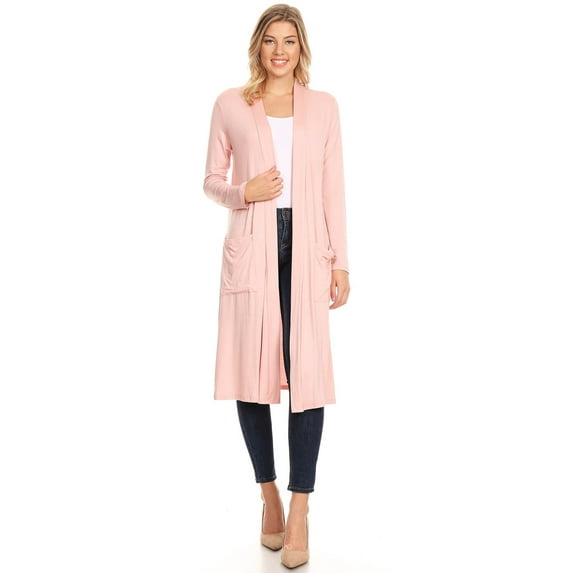 MOA COLLECTION Women's Solid Casual Loose Fit Long Sleeve Pocket Open Front Duster Cardigan