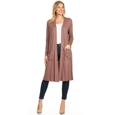 MOA COLLECTION Women's Solid Casual Loose Fit Long Sleeve Pocket Open Front Duster Cardigan