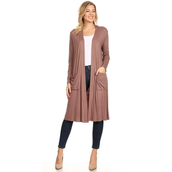 MOA COLLECTION Women's Solid Casual Loose Fit Long Sleeve Pocket Open Front Duster Cardigan