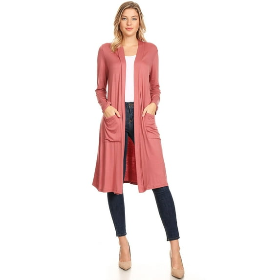 MOA COLLECTION Women's Solid Casual Loose Fit Long Sleeve Pocket Open Front Duster Cardigan