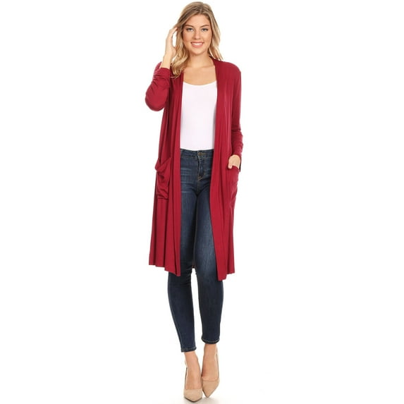 MOA COLLECTION Women's Solid Casual Loose Fit Long Sleeve Pocket Open Front Duster Cardigan