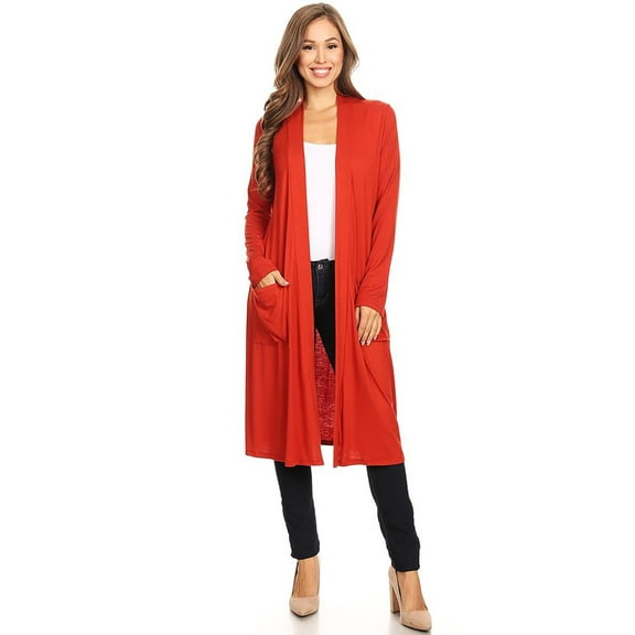 MOA COLLECTION Women's Solid Casual Loose Fit Long Sleeve Pocket Open Front Duster Cardigan