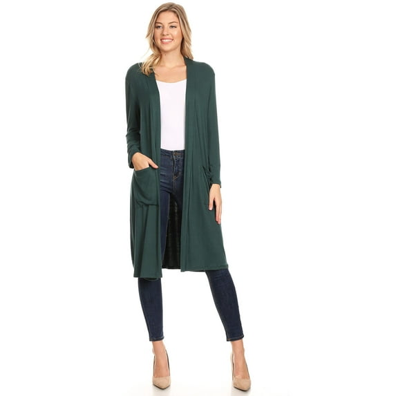 MOA COLLECTION Women's Solid Casual Loose Fit Long Sleeve Pocket Open Front Duster Cardigan
