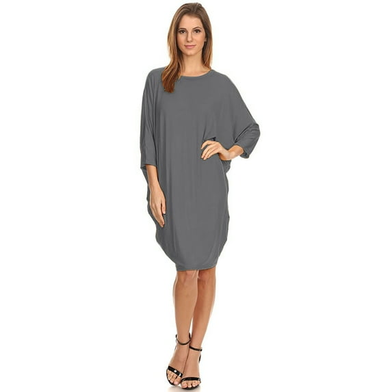 Women's Solid Casual Sexy Relax fit Dolman 3/4 Sleeve Side Draped Midi Dress