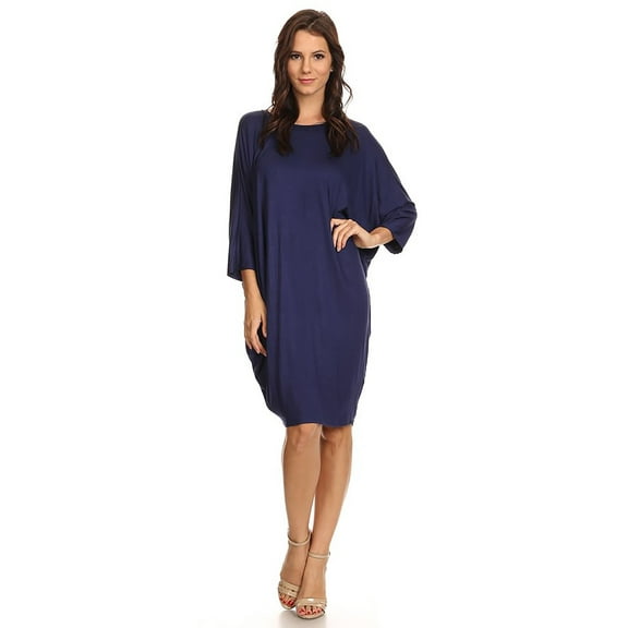 MOA COLLECTION Women's Solid Casual Sexy Relax fit Dolman 3/4 Sleeve Side Draped Midi Dress