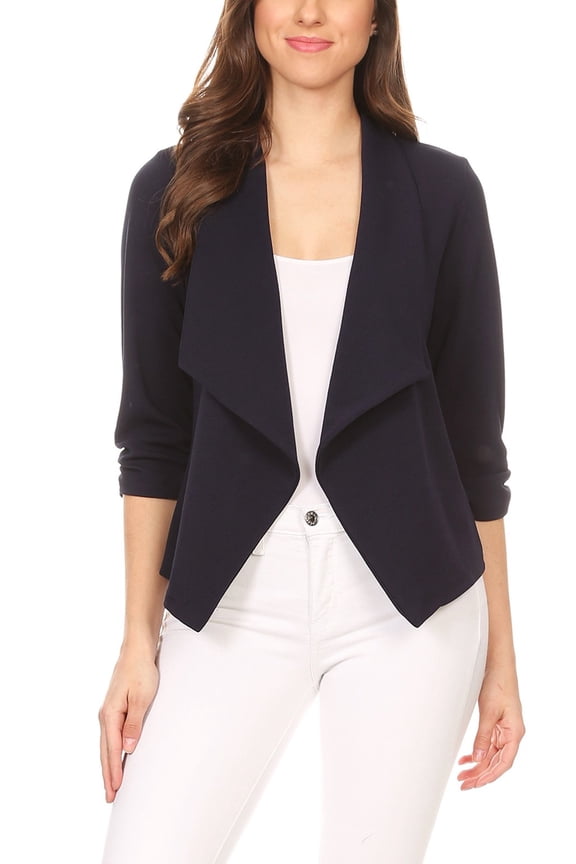 MOA COLLECTION Women's Solid Fitted Blazer 3/4 Sleeve Open Front Casual Design