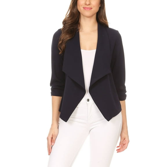 MOA COLLECTION Women's Solid Fitted Blazer 3/4 Sleeve Open Front Casual Design
