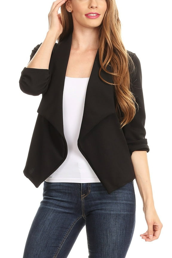 MOA COLLECTION Women's Solid Fitted Blazer 3/4 Sleeve Open Front Casual Design