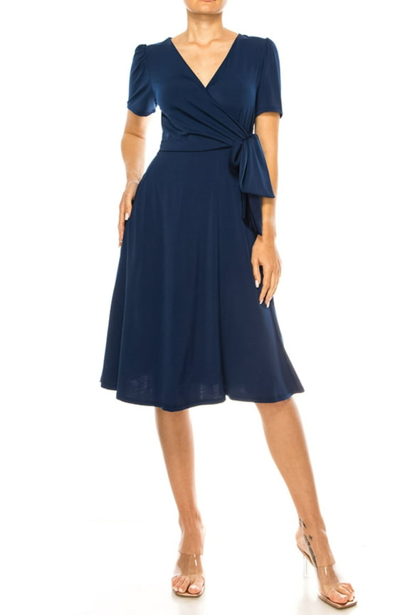 MOA COLLECTION Women's Stylish Solid Faux Wrap Dress with Deep V-Neck