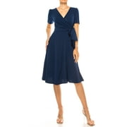 MOA COLLECTION Womens Stylish Solid Faux Wrap Dress with Deep V-Neck
