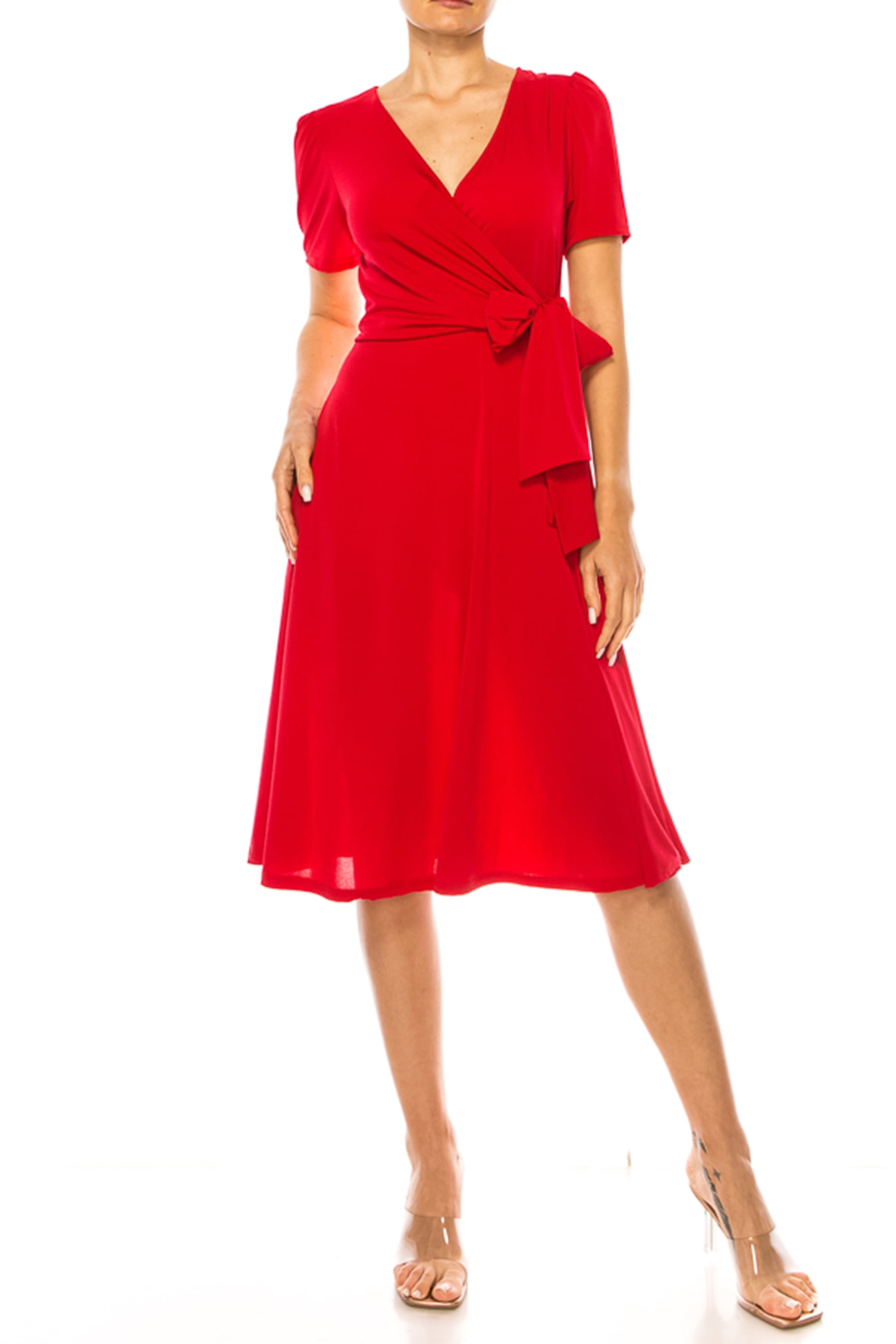 Floral print, faux wrap dress with deep V-neck