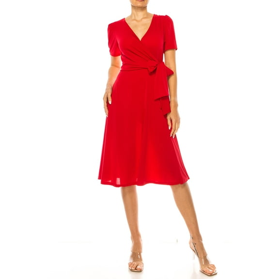 MOA COLLECTION Women's Stylish Solid Faux Wrap Dress with Deep V-Neck