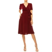 MOA COLLECTION Women's Stylish Solid Faux Wrap Dress with Deep V-Neck