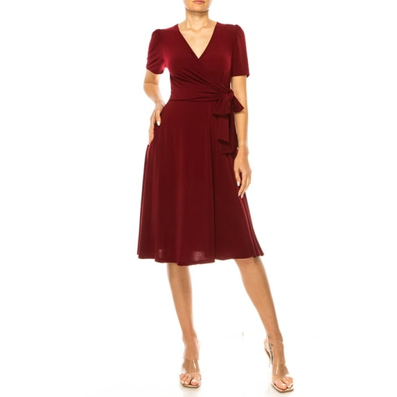 MOA COLLECTION Women's Stylish Solid Faux Wrap Dress with Deep V-Neck