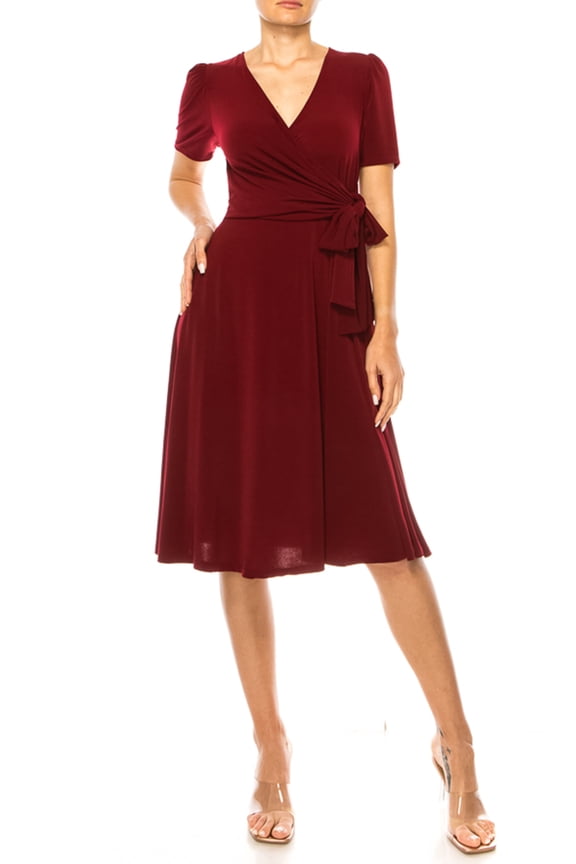 MOA COLLECTION Women's Stylish Solid Faux Wrap Dress with Deep V-Neck