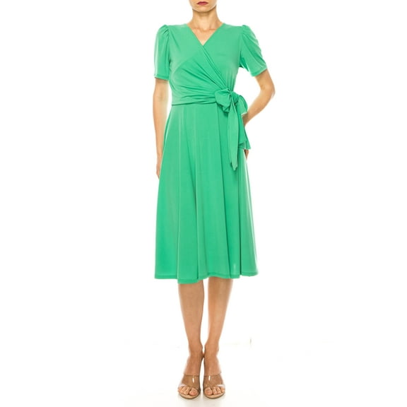 MOA COLLECTION Women's Stylish Solid Faux Wrap Dress with Deep V-Neck