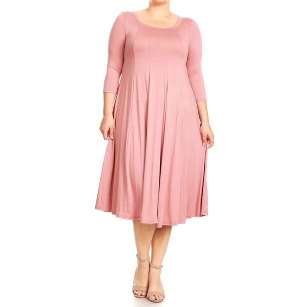 MOA Collection Plus Size Women's 3/4 Sleeves solid dress