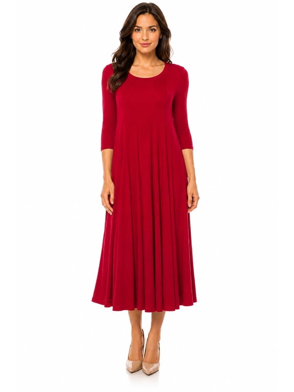 Women's A-Line Long Dress with 3/4 Sleeves and Relaxed Round Neckline
