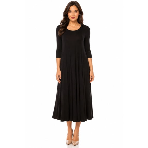 Women's A-Line Long Dress with 3/4 Sleeves and Relaxed Round Neckline