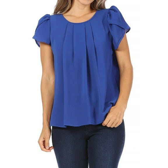 MOA Collection Women's Casual Pleated Front Petal Cap Sleeve Round Neck Blouse